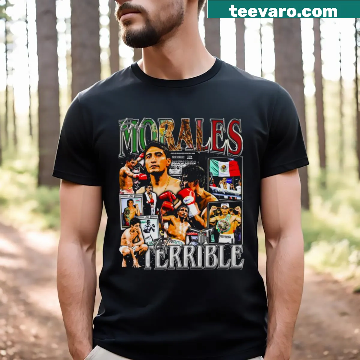 Illustrated t-shirt of boxer Erik Morales with bold text El Terrible — on a men's t-shirt