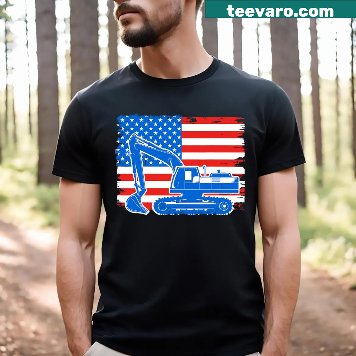 Funny Excavator American Flag T-shirt for kids — on a men's t-shirt