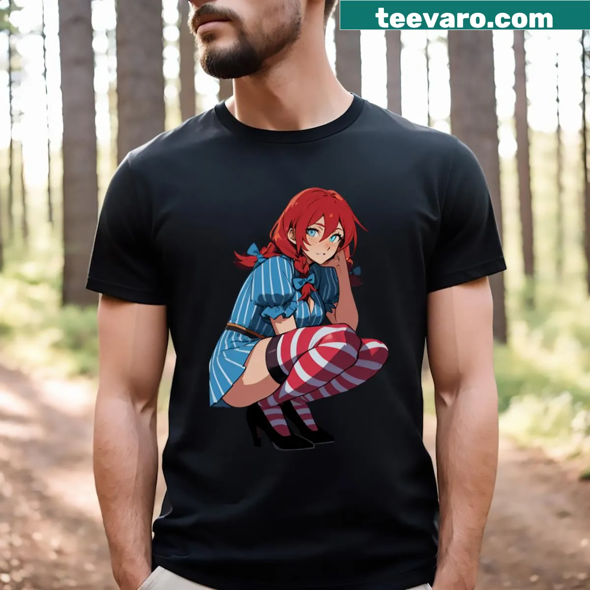 Anime girl illustration with fast food theme — on a men's t-shirt