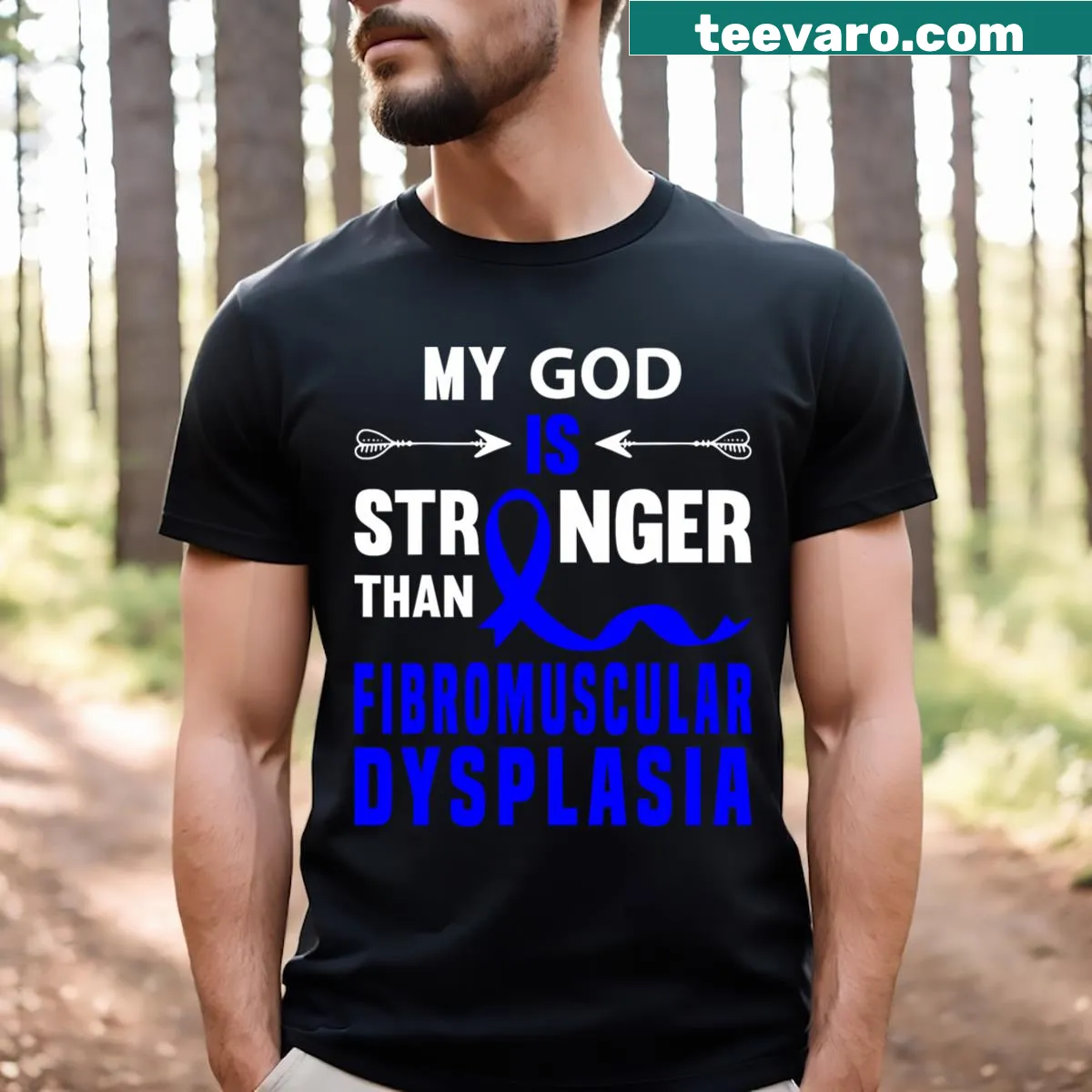 Blue ribbon graphic representing Fibromuscular Dysplasia awareness on a t-shirt. — on a men's t-shirt