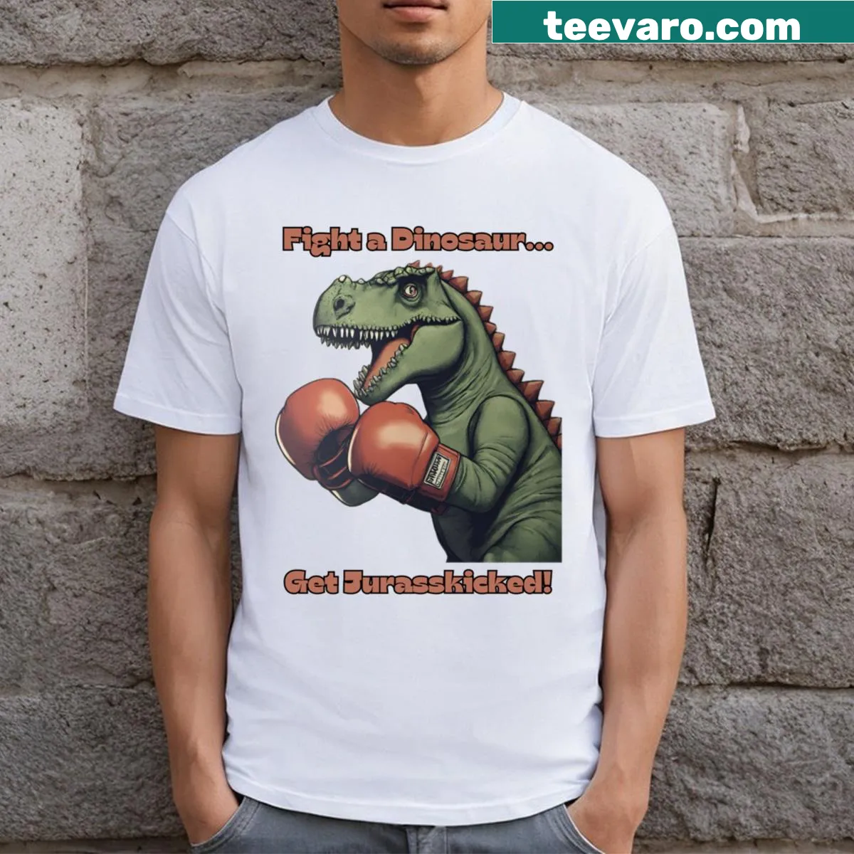 Cartoon design featuring dinosaurs with humorous text — on a men's t-shirt