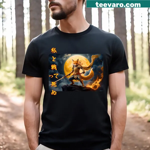 T-shirt with a fox warrior graphic and Japanese characters.
