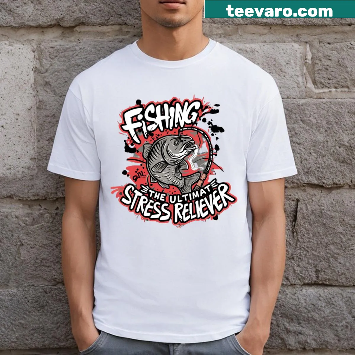 Charming T-shirt for fishing lovers featuring carp fishing stickers and heartfelt text. — on a men's t-shirt