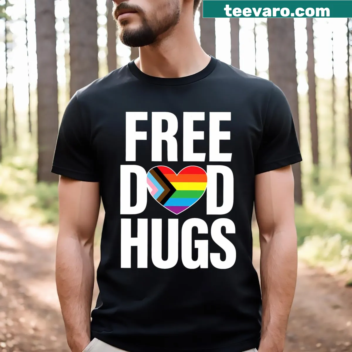 Illustration of Free Dad Hugs with rainbow design for LGBTQ+ support — on a men's t-shirt