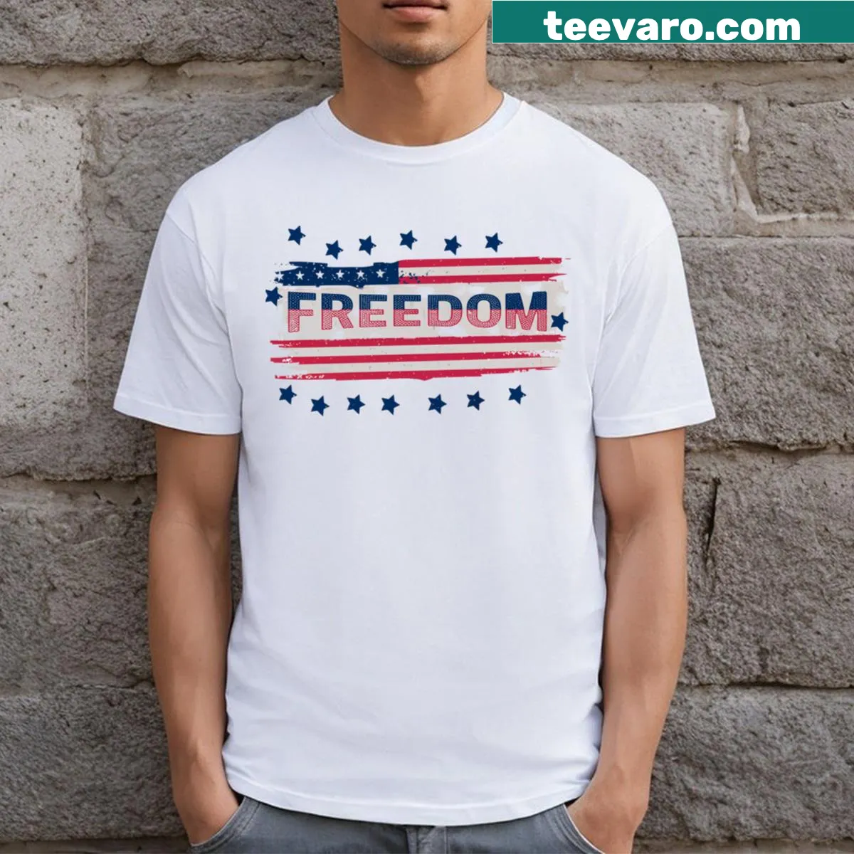 Bold typography graphic of the word 'Freedom' on a t-shirt. — on a men's t-shirt