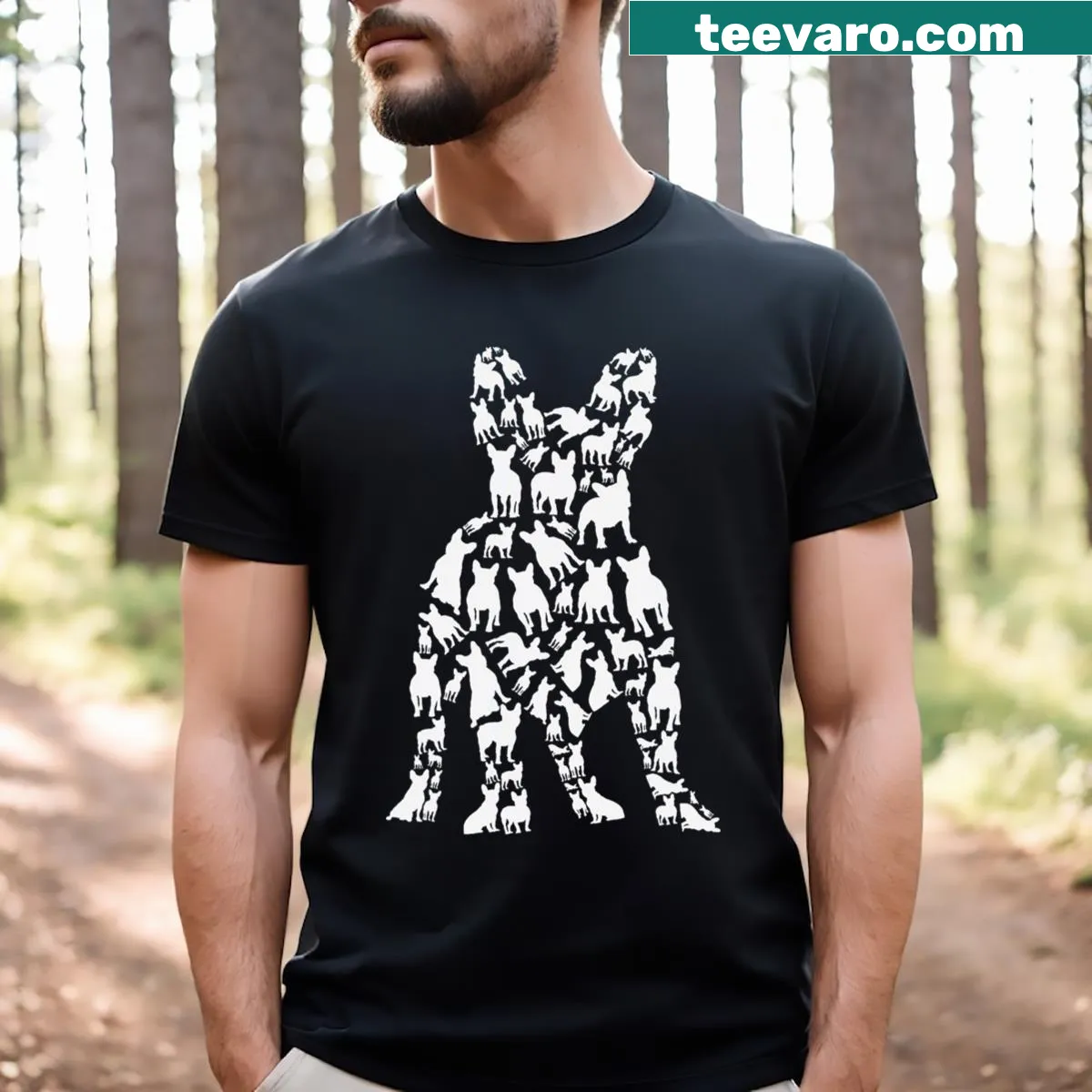 Illustration of a French Bulldog with 'Frenchie Mom' and 'Frenchie Dad' text on a t-shirt. — on a men's t-shirt