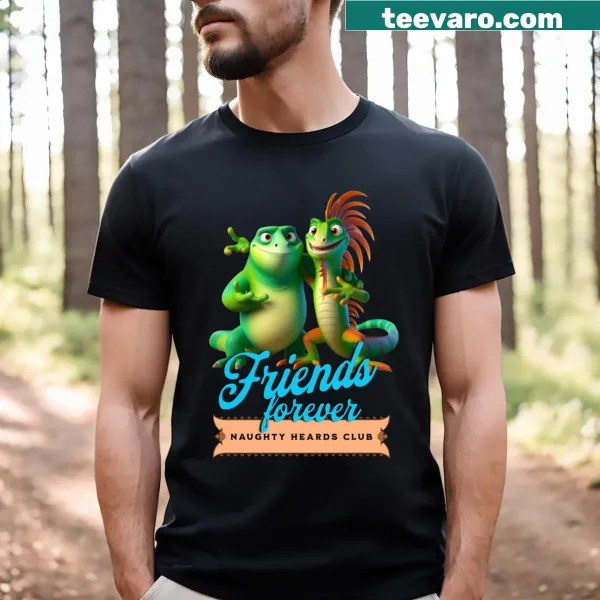 Cute illustration of two friendly iguanas on a t-shirt.