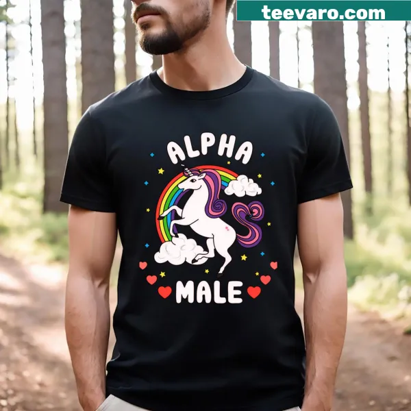 Humorous alpha male unicorn T-shirt with rainbow design for dads