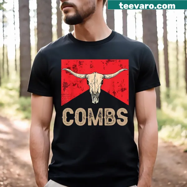 Funny t-shirt with a cow skull and combs illustration related to country music.