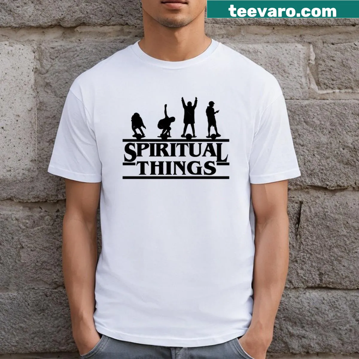 Illustration of a rider on a Onewheel in a fun graphic — on a men's t-shirt