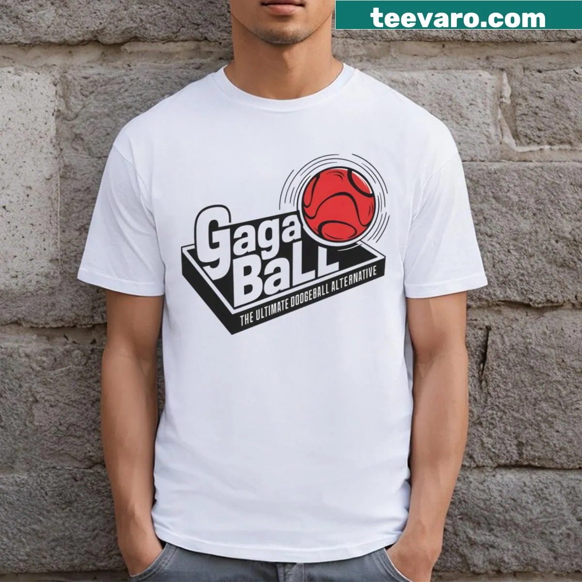 Funny T-shirt about gaga ball with playful text — on a men's t-shirt