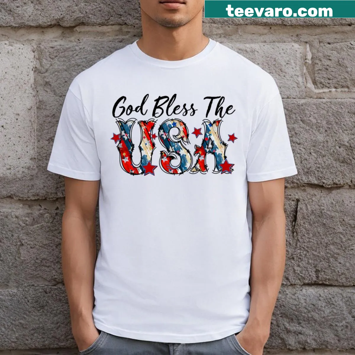 Patriotic t-shirt with American flag and 'God Bless America' text — on a men's t-shirt