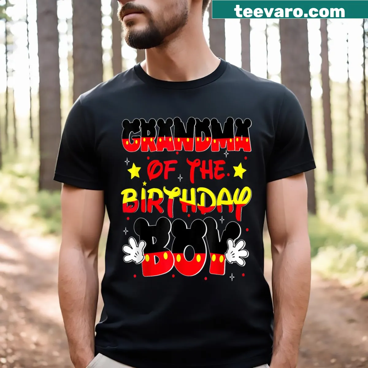 Cartoon illustration of a mouse family celebrating a birthday — on a men's t-shirt