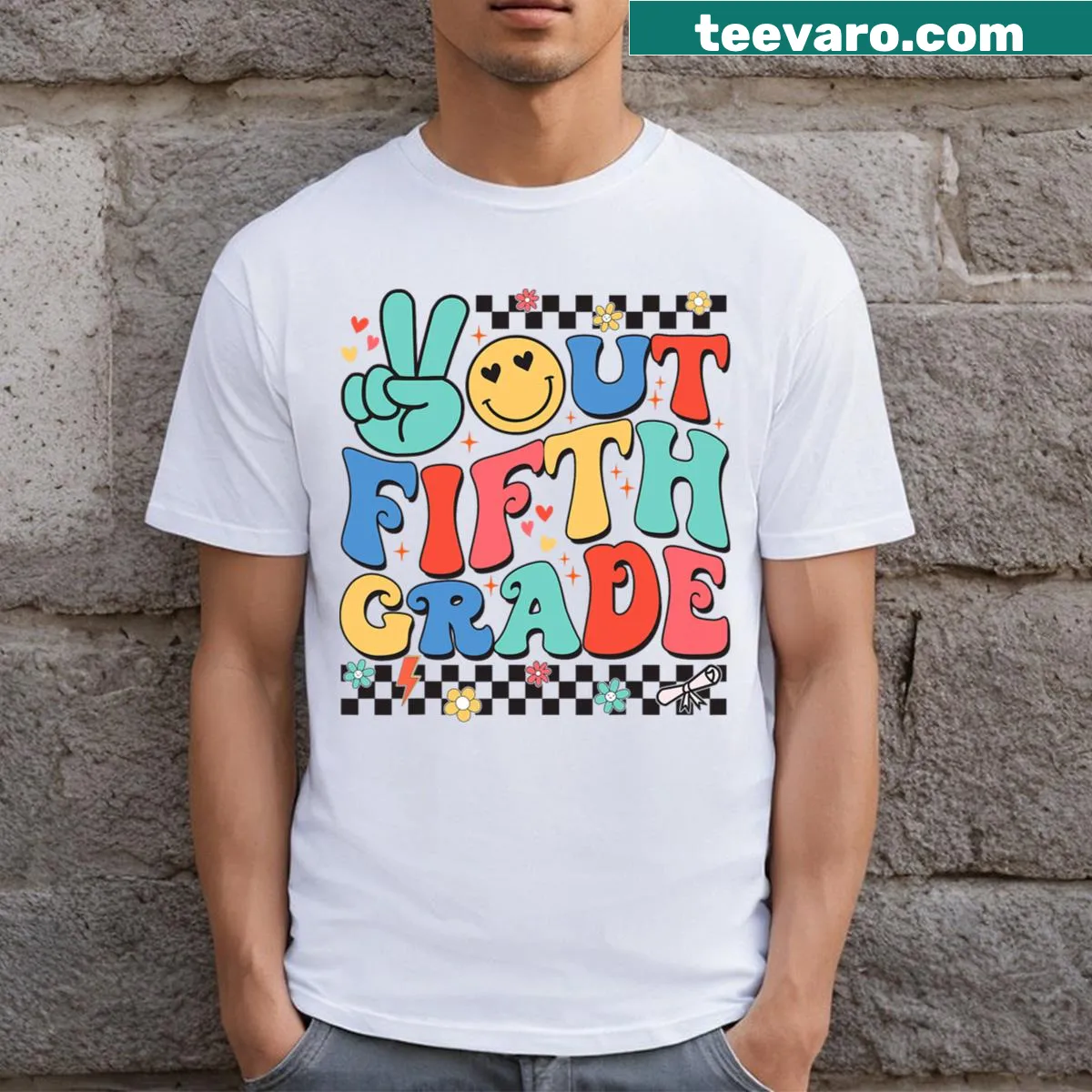 Groovy typography Last Day of School t-shirt for 2024 graduates. — on a men's t-shirt