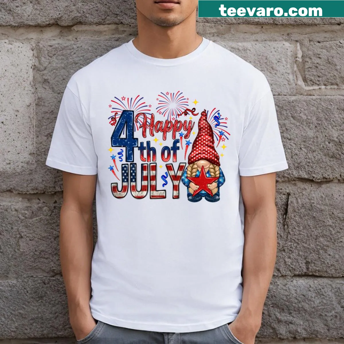 Playful Independence Day T-shirt with a gnome and US flag illustration — on a men's t-shirt
