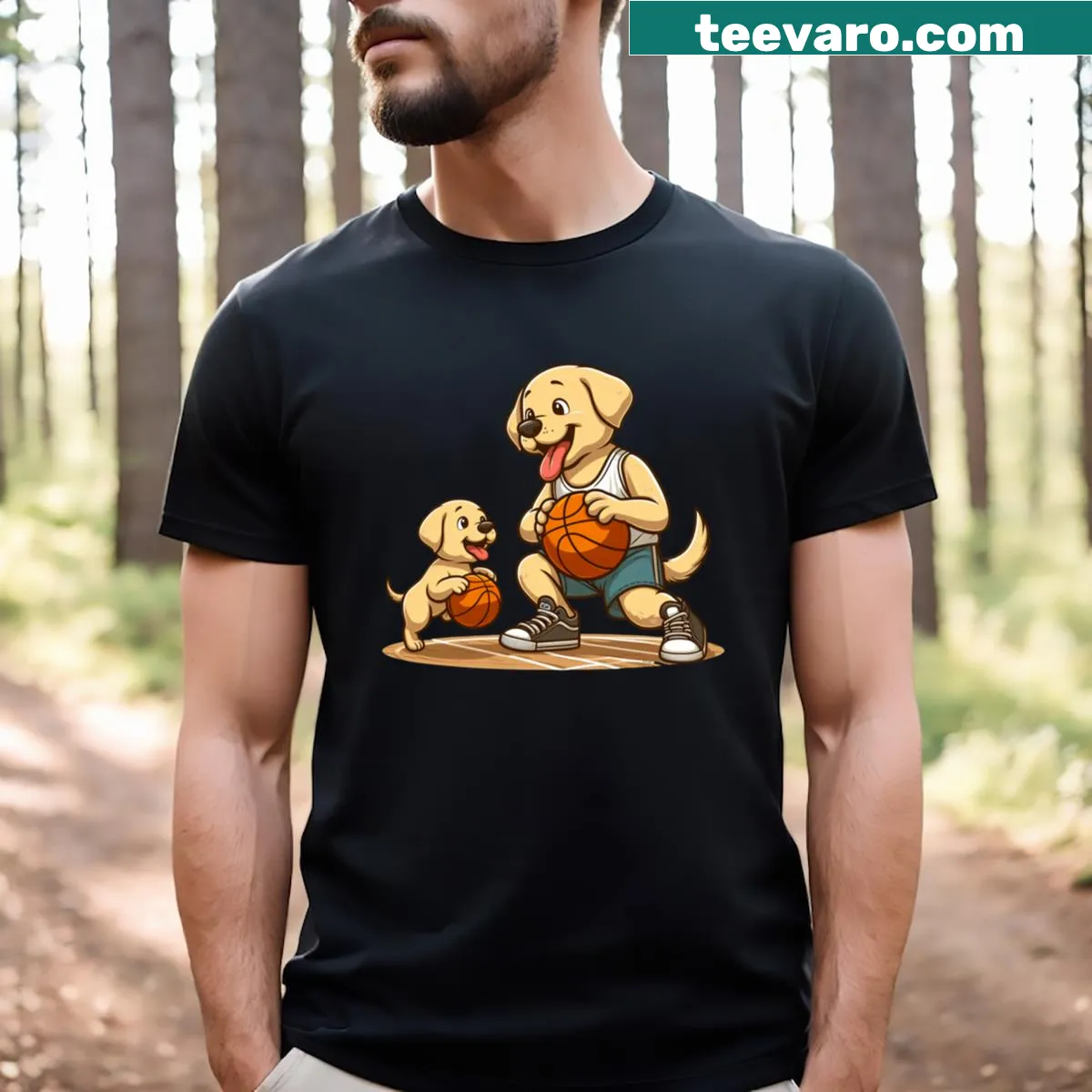 T-shirt depicting a dad, son, and retriever playing basketball — on a men's t-shirt