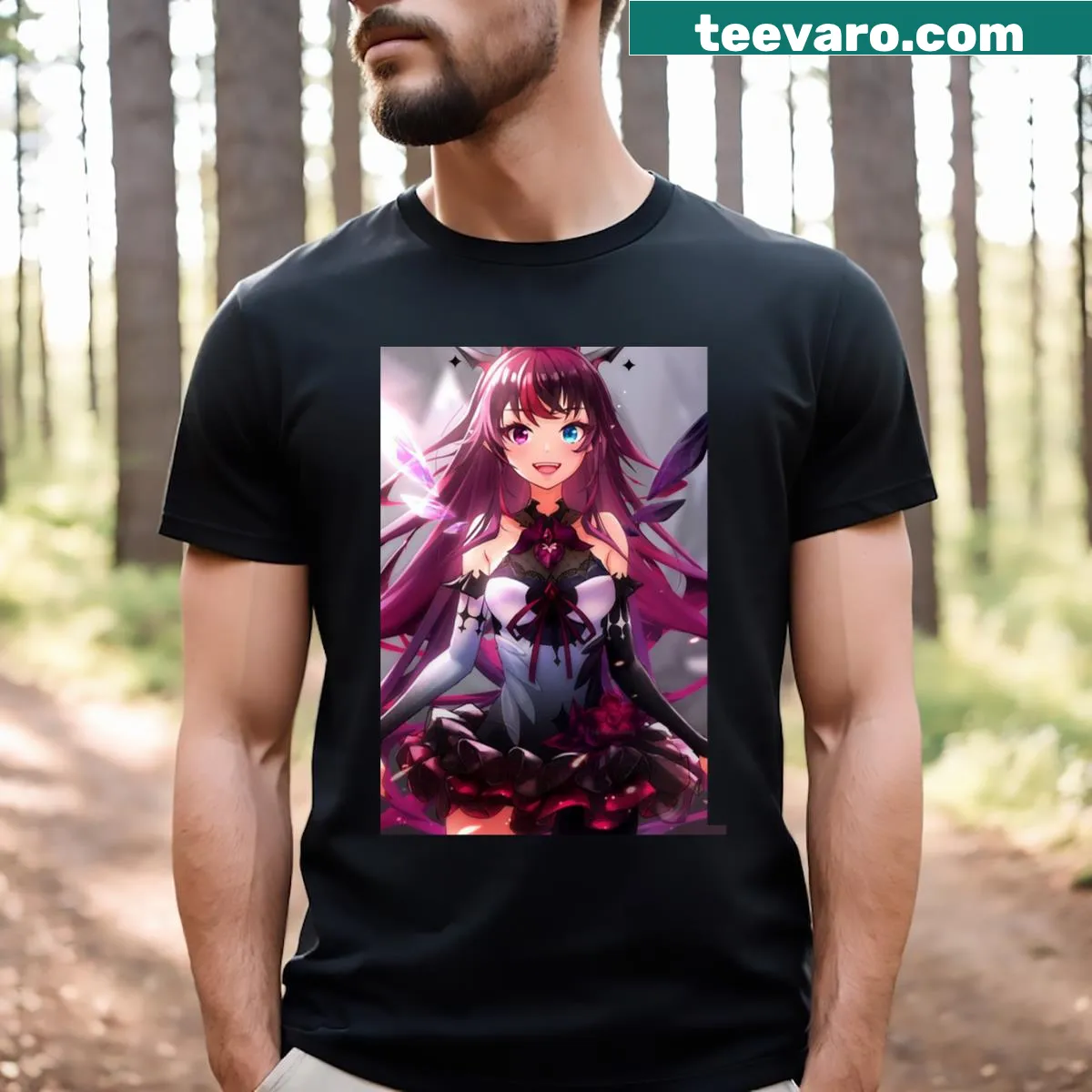 Cartoon graphic of Irys from Hololive on a T-shirt — on a men's t-shirt