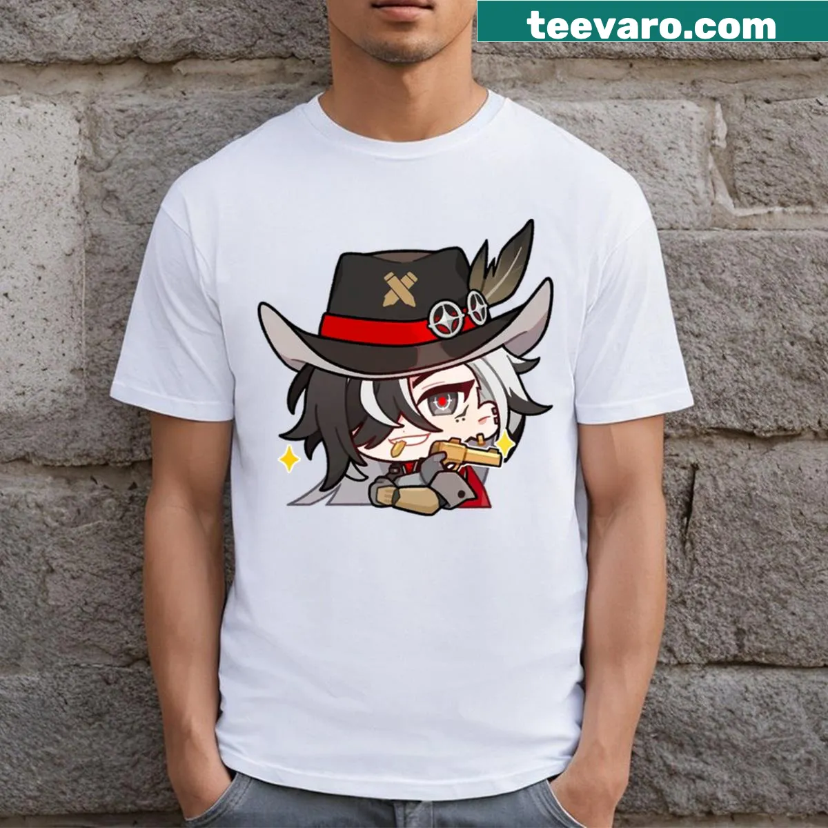 Chibi design T-shirt from Honkai Star Rail featuring Boothill 2 — on a men's t-shirt