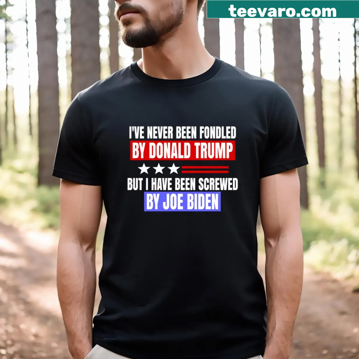 Humorous I Have Never Been Fondled By Donald Trump T-shirt — on a men's t-shirt