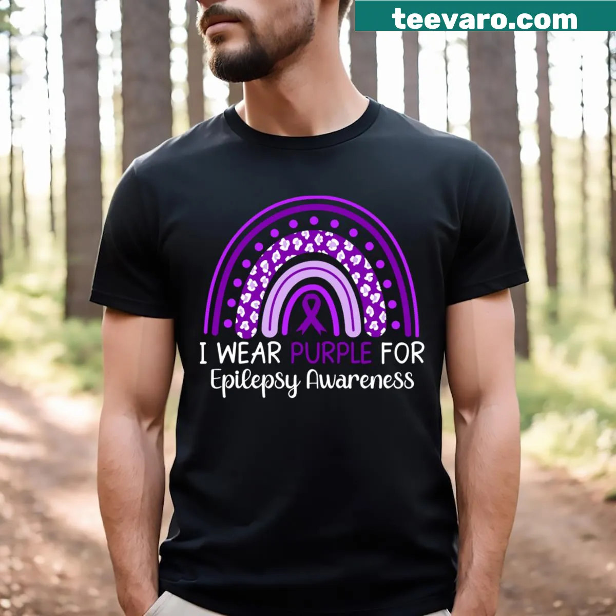 Text stating 'I Wear Purple For Epilepsy Awareness' on a T-shirt — on a men's t-shirt