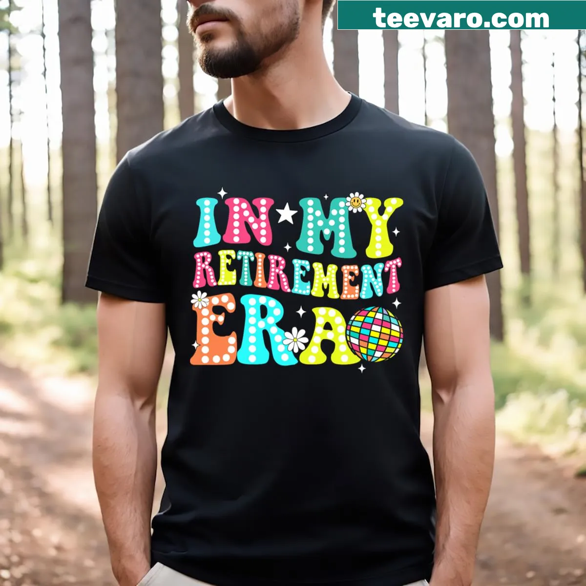 Retro humorous retirement T-shirt for teachers with 'In My Retirement Era' text — on a men's t-shirt