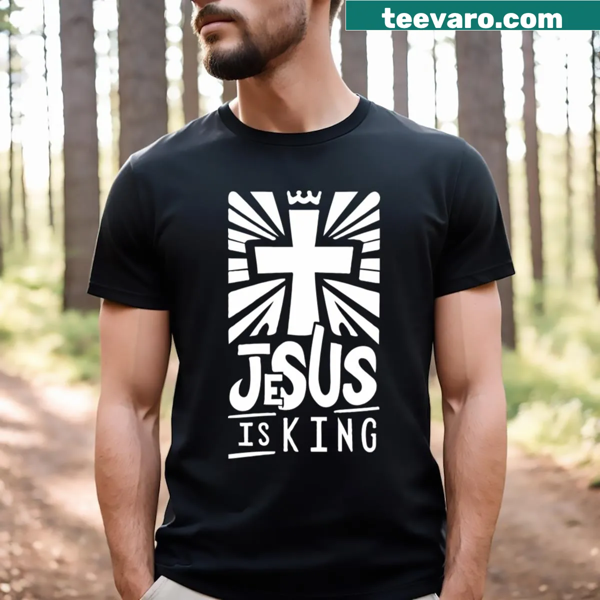 Typography art T-shirt with text: Jesus Is King. — on a men's t-shirt