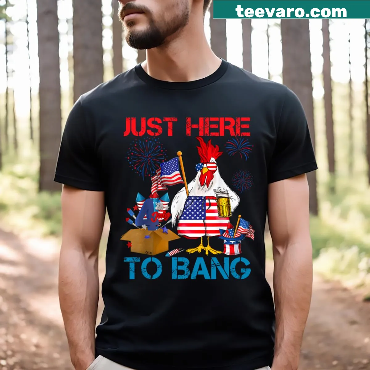 Funny T-shirt with the phrase 'Just Here To Bang' and a flag design — on a men's t-shirt