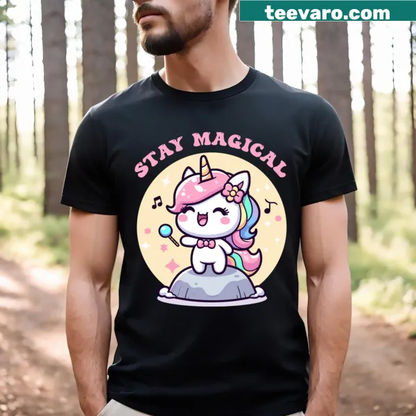 Cute unicorn graphic with text 'Stay Magical' on T-shirt