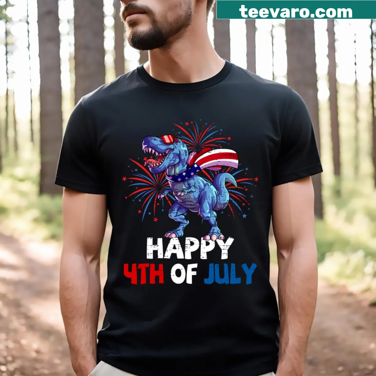 Patriotic toddler t-shirt featuring a dinosaur for Fourth of July — on a men's t-shirt