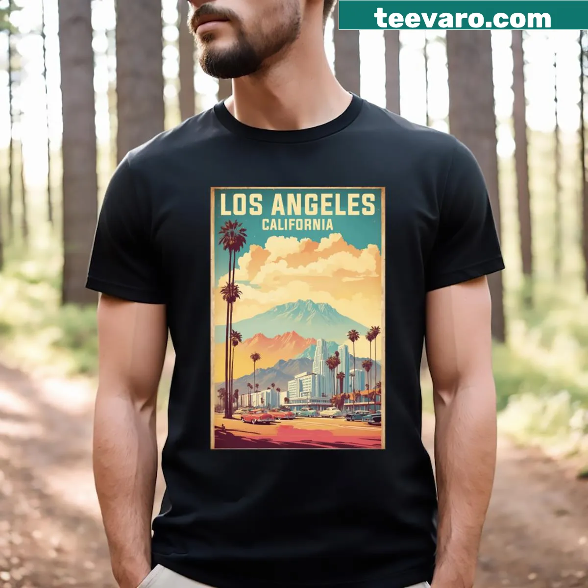 Vintage-style tourism T-shirt featuring Los Angeles, California — on a men's t-shirt