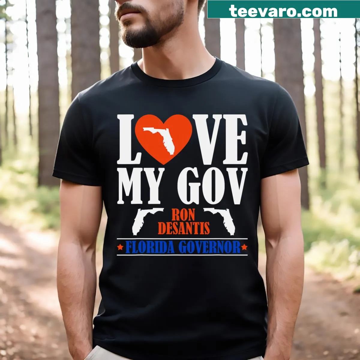 T-shirt displaying Love My Gov Ron DeSantis in bold typography — on a men's t-shirt