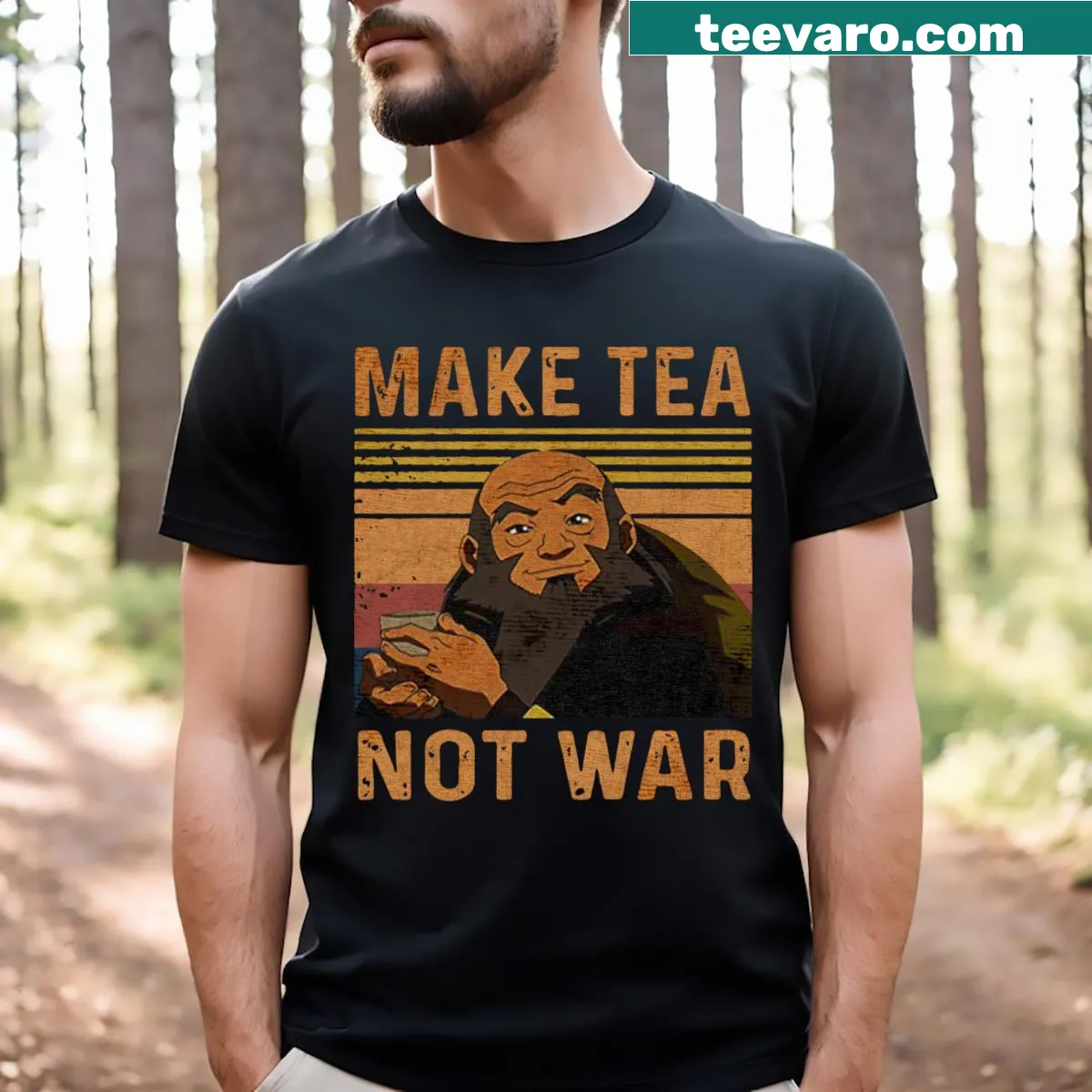 T-shirt featuring the phrase 'Make Tea Not War' in a whimsical font — on a men's t-shirt
