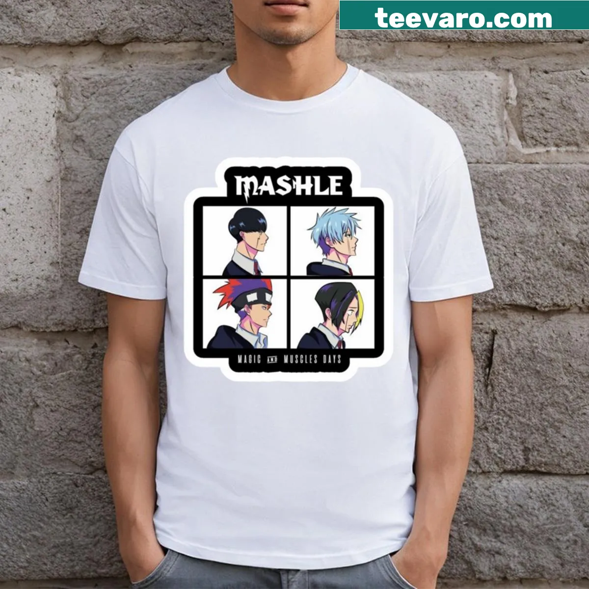 Cartoon-style T-shirt inspired by Mashle, featuring muscular characters — on a men's t-shirt