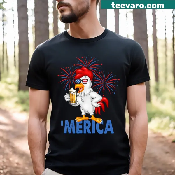 Funny cartoon chicken with beer and USA flag graphic