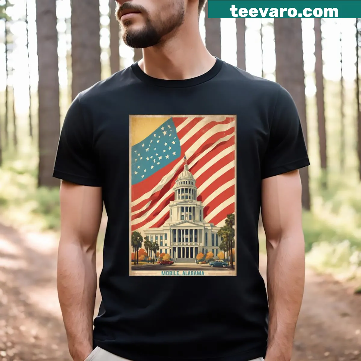 Vintage travel-themed T-shirt featuring Mobile Alabama design — on a men's t-shirt