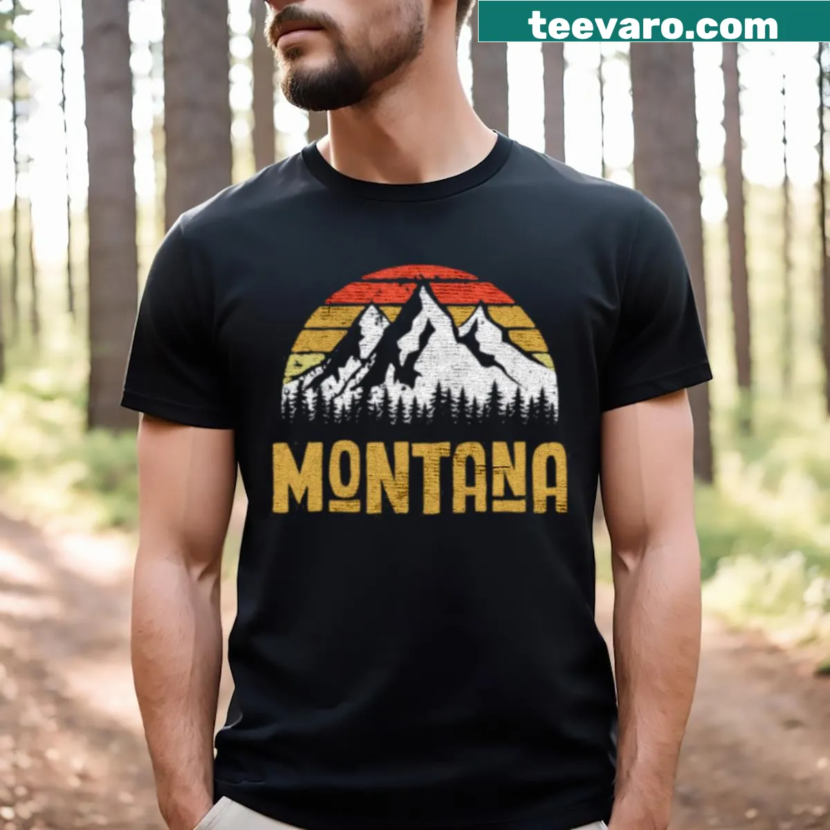 Graphic T-shirt featuring Montana mountains and adventure theme — on a men's t-shirt