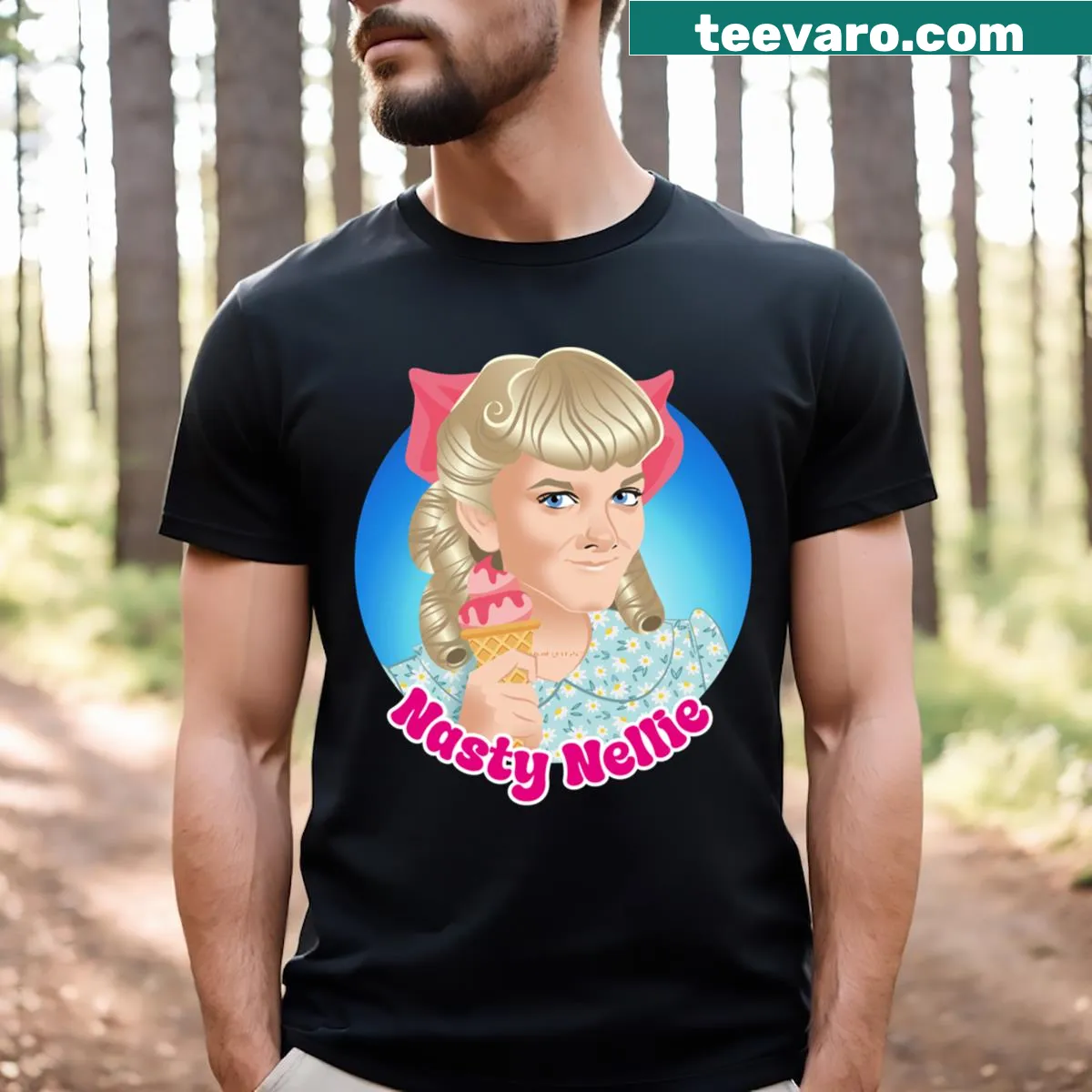 Humorous Nasty Nellie t-shirt with playful text — on a men's t-shirt