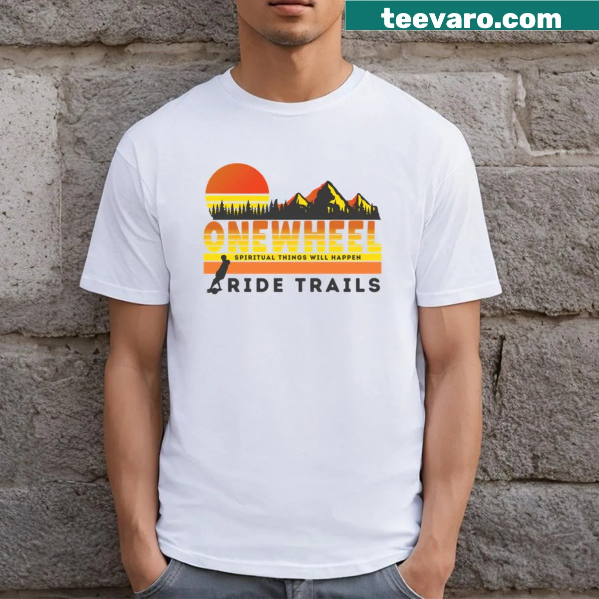 Onewheel graphic t-shirt depicting a ride on scenic trails — on a men's t-shirt