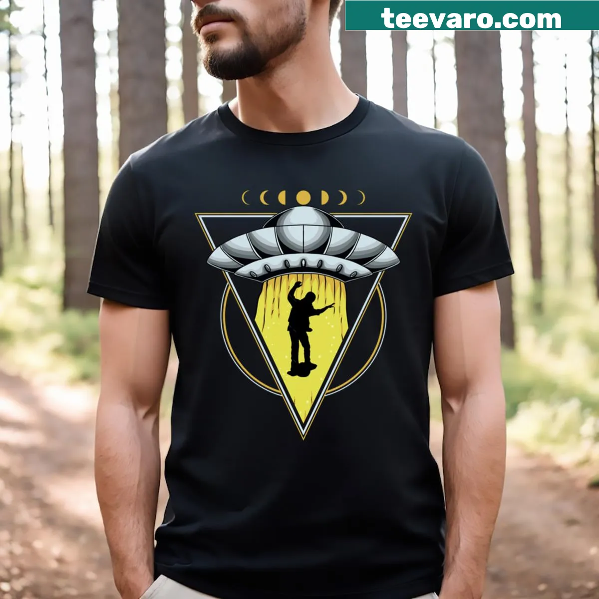 Onewheel UFO t-shirt featuring whimsical graphic design. — on a men's t-shirt