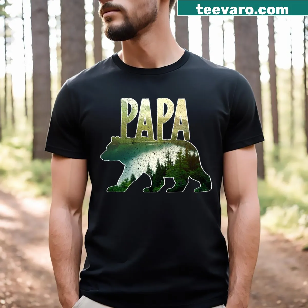 Outdoors-themed t-shirt featuring a bear, lake, and mountains — on a men's t-shirt
