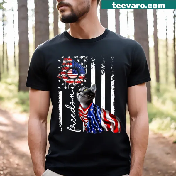 T-shirt featuring a cat with American flag design