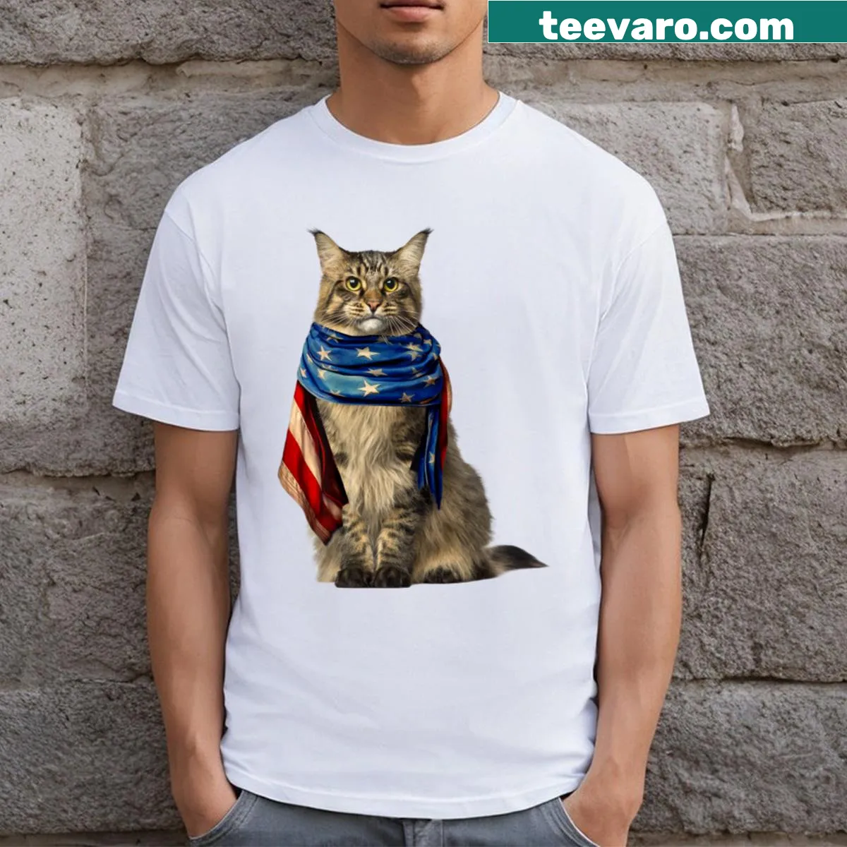 Patriotic cat illustration with American flag for Fourth of July — on a men's t-shirt