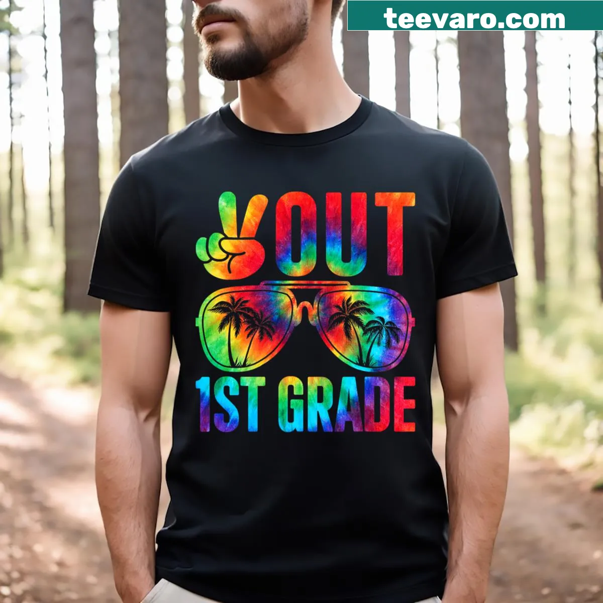 Funny graduation T-shirt with 'Peace Out 1st Grade' text — on a men's t-shirt