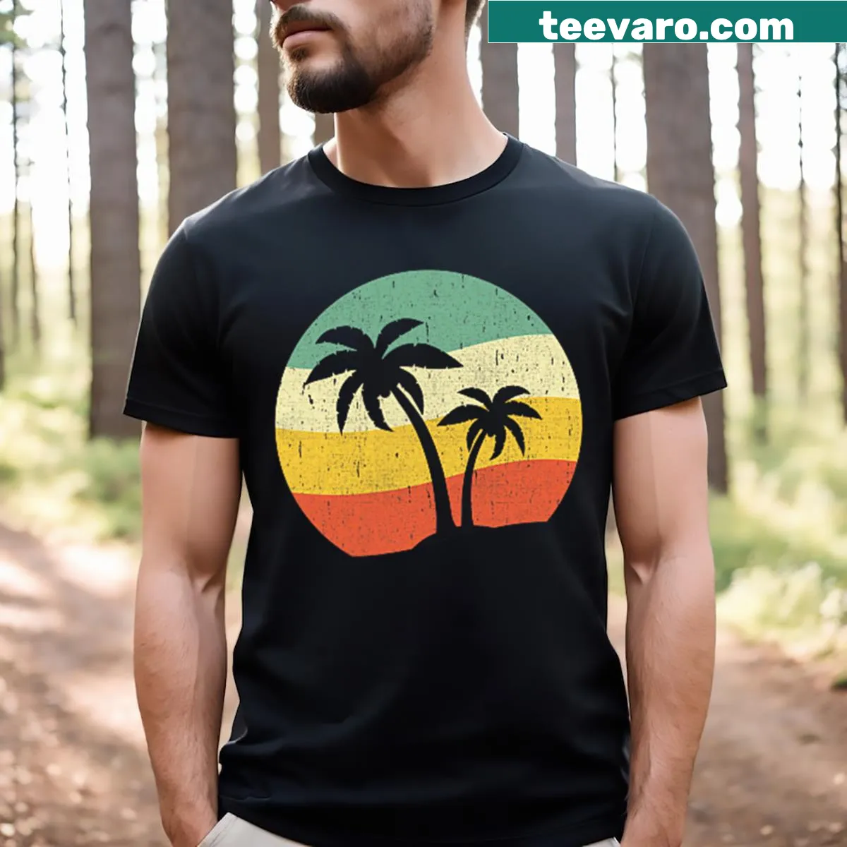 Retro palm tree graphic on a pocket T-shirt for summer vibes — on a men's t-shirt