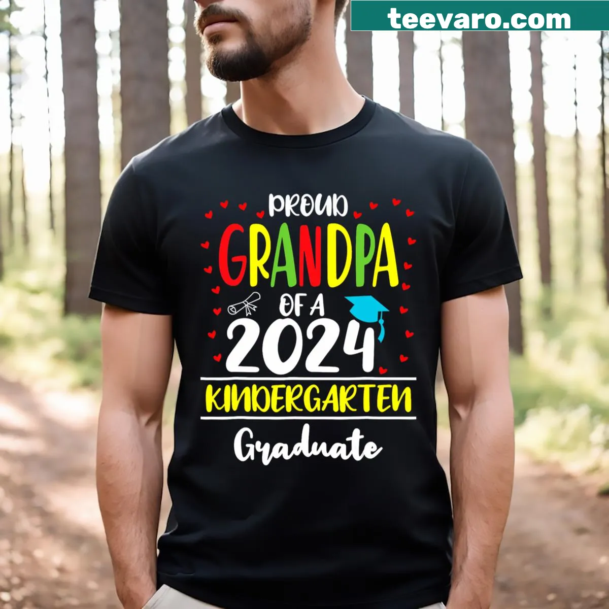 Graduation-themed t-shirt with Proud Grandpa message and graduation cap — on a men's t-shirt