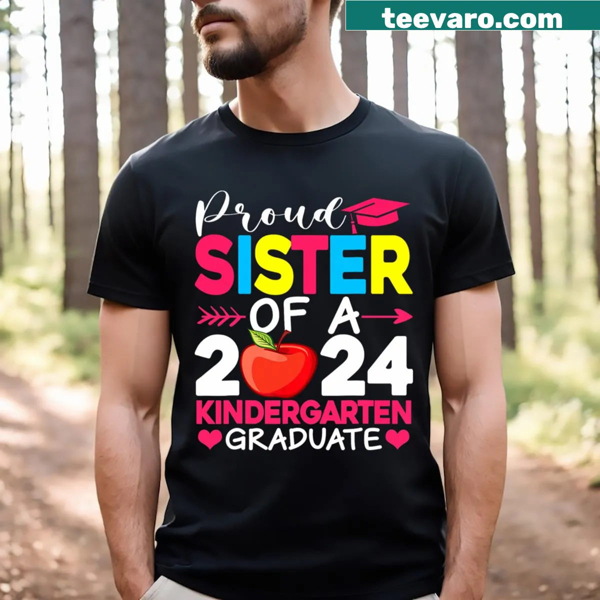 Proud Sister t-shirt for 2024 kindergarten graduates with bold text — on a men's t-shirt