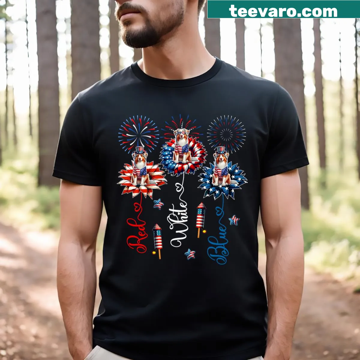 Illustrated t-shirt displaying three cute Australian Shepherds for Fourth of July — on a men's t-shirt