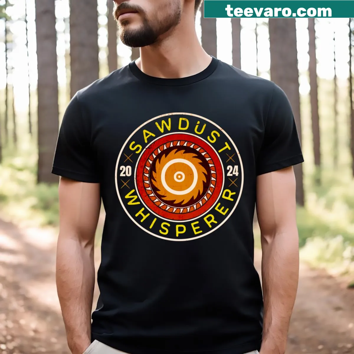 Illustrative T-shirt celebrating woodworking skills with a sawdust whisperer theme. — on a men's t-shirt