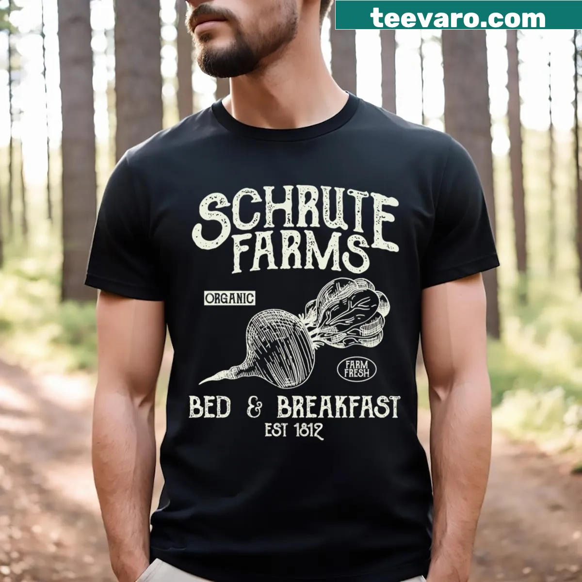 Vintage distressed Schrute Farms t-shirt with retro design — on a men's t-shirt