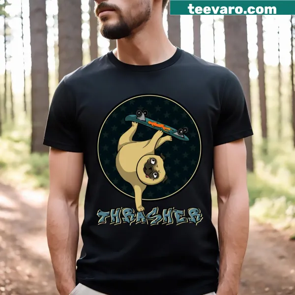 Illustrated skateboarder pug t-shirt with fun text